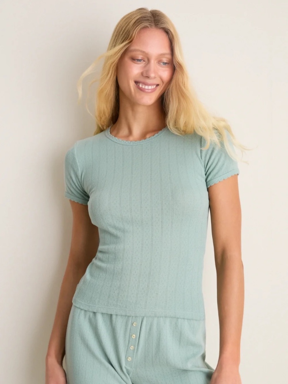 Leset Pointelle Slim Fit Tee in Eucalyptus Green 100% Cotton Size Small NWT